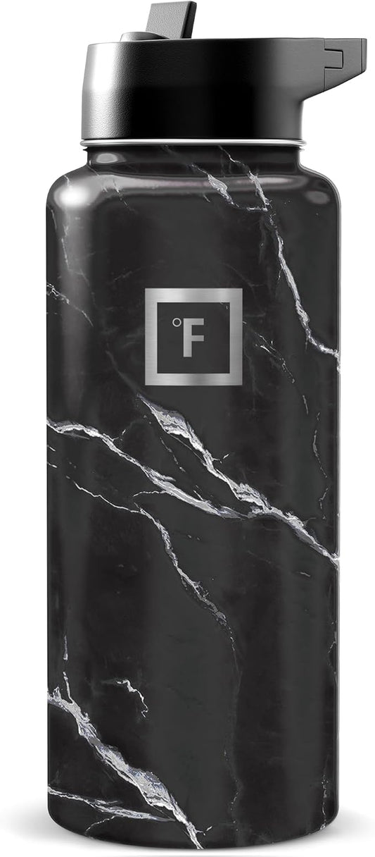 IRON °FLASK 32 oz Wide Mouth Water Bottle with Straw | Insulated Stainless Steel Sports Water Bottle with Leakproof Straw Lid - BPA Free, Cold 24 Hrs, Sweat Free (Black Marquina)
