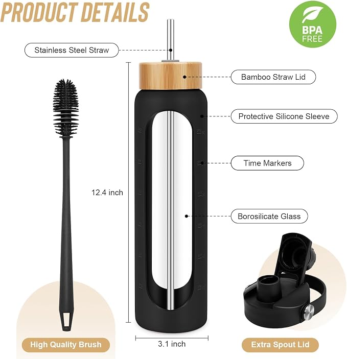 FULBEVY 32 oz Glass Water Bottles - 1 Liter Motivational Tumbler Water Bottle Time Marker - Borosilicate Glass Water Bottle With Silicone Sleeve and 2 Lids, Handle Spout & Bamboo Straw Lid (Black)