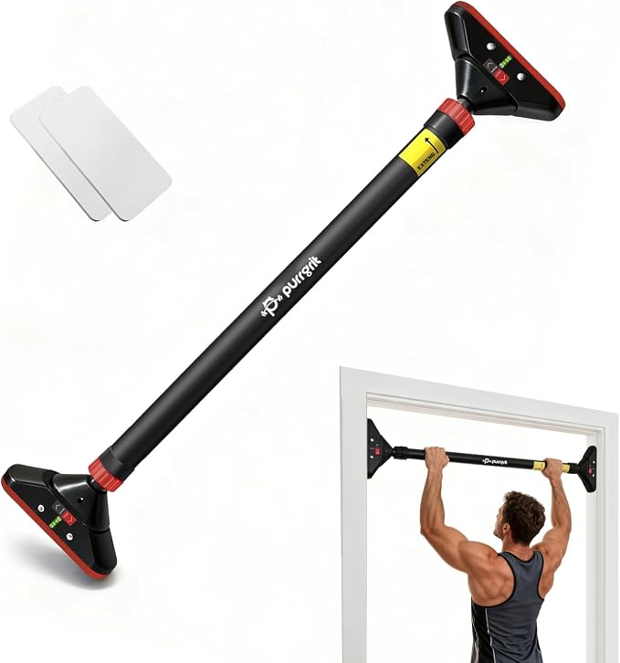 Adjustable Doorway Pull Up Bar No-Screw 440lbs | Fits 29.1-37.4in (74-95cm) door frames with 360° lock & foam pads + 2 spare pads. Home chin-up