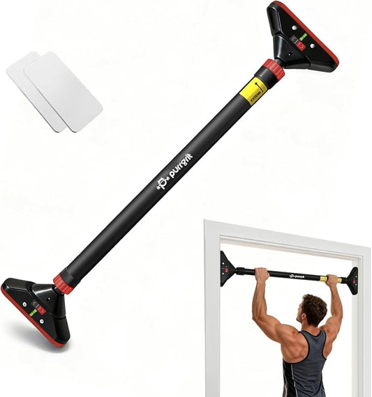 Adjustable Doorway Pull Up Bar No-Screw 440lbs | Fits 29.1-37.4in (74-95cm) door frames with 360° lock & foam pads + 2 spare pads. Home chin-up