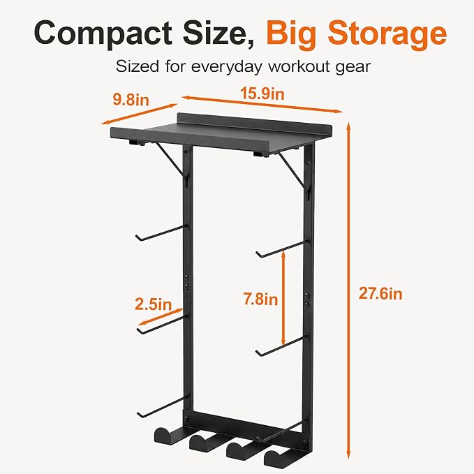 Yoga Mat Holder, Home Gym Storage Rack with Shelf, 6 Hooks and 4 Slots | Durable metal frame holds yoga mats, foam rollers and blocks, creating organized storage for home gyms and workout rooms