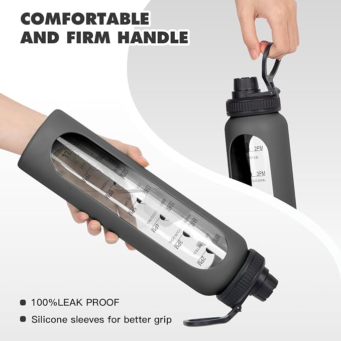 32oz Glass Water Bottle with Time Marker, 2 Lids-Handle Spout Lid & Bamboo Straw Lid, 1 Liter Motivational Borosilicate Water Bottle for Gym, Office, Travel (Black)