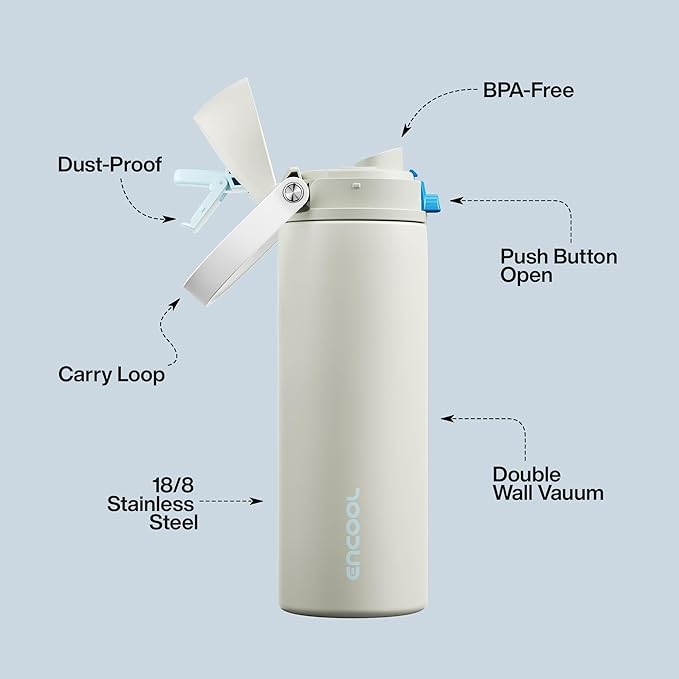 Insulated Water Bottle with Straw - Encool Stainless Steel Water Bottle with Push Button Lid, Leak-Proof & BPA-Free, Keeps Cold for 24 Hours for Sports, Travel, Gym (24 oz, Kangaroo Grey)