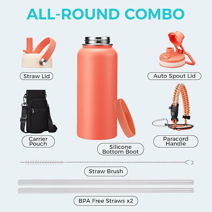 Insulated Water Bottle 32oz with Straw - Pop-up Spout Lid, Paracord Handle, Strap Shoulder Carrier, Protective Boot, Wide Mouth Triple Walled Vacuum Stainless Steel Water Flask for Men Women Gym
