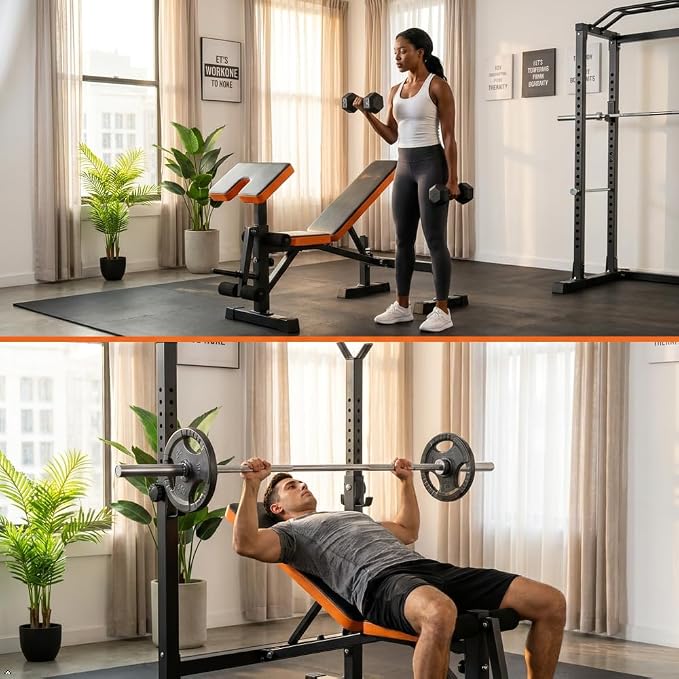 YOLEO 1+X Olympic Weight Bench Set with Rack, Upgraded Roman Chair, Preacher Curl & Leg Extension, 1870LBS Foldable Bench Press System for Full Body & Posterior Chain Training Home Gym