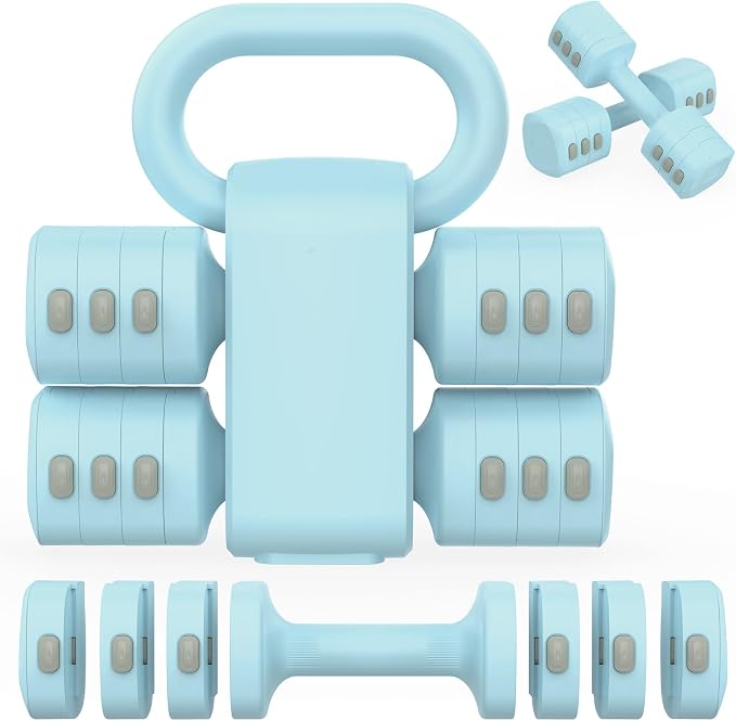Hezeyferg Adjustable Dumbbell Set, 2-in-1 Hand Weights with Kettlebell Form | 4-Level 2.2-5.5lb Each, Dual-Button Locking, for Women Men Beginners Home Gym, Portable & Space-Efficient, Full Body Workout