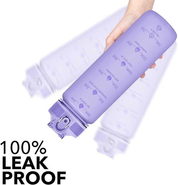 Hyeta Plastic Water Bottle With Straw & Time Marker, 32oz Leakproof Jug | Motivational Tritan BPA Free Gym Office Outdoor Intake Tracker Hourly Reminder Straw Lid Lightweight