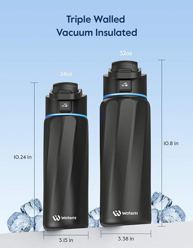 WaterH BOOST Smart Water Bottle Tracker with Reminder to Drink Water, 24oz | BPA-Free Double Wall Vacuum Insulated Stainless Steel, Leakproof, Smart App Tracking, Fits Cup Holders, Wide Mouth for School