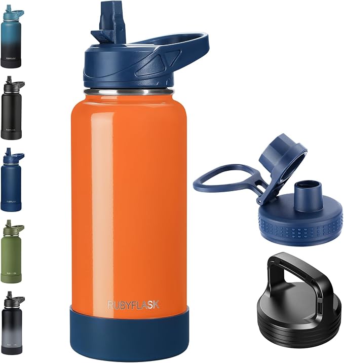RUBYFLASK 32 oz Insulated Stainless Steel Water Bottle with Straw | 3 Lids, Wide Mouth, Metal Vacuum Leakproof Water Jug Flask and Handle, Large Thermal Cup with Silicone Boot, Orange