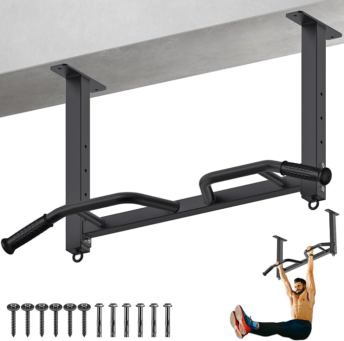Kipika 32" Ceiling Mounted Pull Up Bar - Heavy Duty, Highly Adjustable, Multifunctional Chin Up Bar - Home Gym System with Punching Bag Hanger and Resistance Bands Training