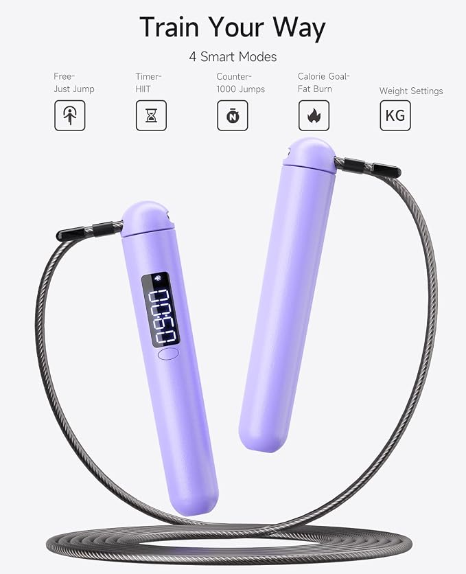 ACHDOFITS Jump Rope with Smart Counter for Adults | Tangle-free Steel Core, 170g. Fits 5'-6'5". 4 Modes: Beginner-HIIT. Rechargeable. For Women & Men. Tracks Calories & Jumps.