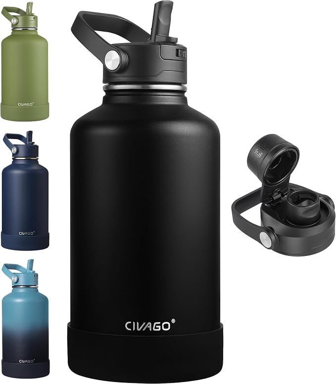 CIVAGO 64 oz Insulated Stainless Steel Water Bottle with Removable Straw | Half Gallon Large Leakproof Water Jug, Big Metal Sports Flask Cup with Bucket Handle, Silicone Boot, Dishwasher Safe, Black