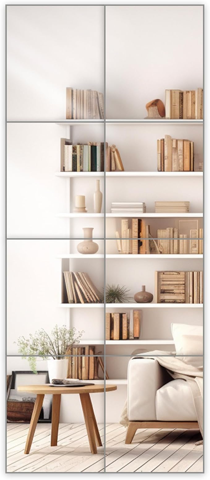 Wall Mirrors, 12''x 10'' Glass Wall Mirror Tiles (8 PCS), Large Full Body Mirror for Home Gym, Bedroom, Door, Bathroom, Frameless Mirror Tiles (Glass - 12'' x 10'' - 8PCS)