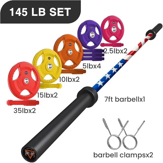 7FT Olympic Barbell Bar with Weight Plate Set Combo, Solid Olympic Bar with Bearings, 700Lbs Capacity Weight Bar for Home Gym Strength Training, Weightlifting, Powerlifting, Fit for 2" Olympic Plates