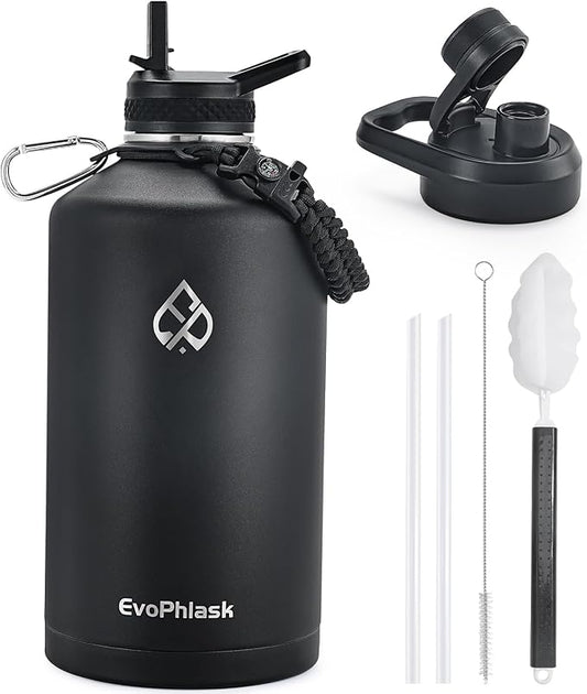 1 Gallon Water Bottle Insulated(Cold for 48Hrs), Matte Black | Stainless Steel, BPA Free, Leak Proof, 128 oz Gallon Water Jug for Sport, Hiking, Camping