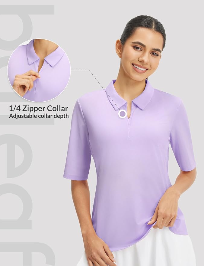 baleaf Womens Golf Shirts Half Sleeve Elbow Length Polo Tops | Stretch, Sun Protection UPF 50+, Quick Dry, Breathable, Moisture Wicking, Quarter Zip V Neck, Ideal for Golf Work Casual