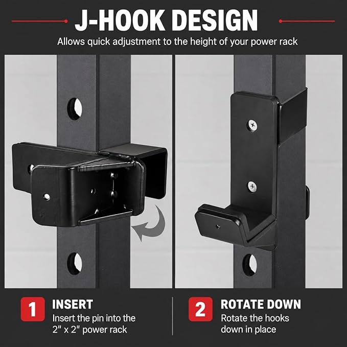 J Hooks for 2" x 2" Power Rack, Rubber Pad J-Hook for Power Cage, Bottom Reinforced Steel J Cups for Squat Rack, Heavy Duty Barbell Holder, Black