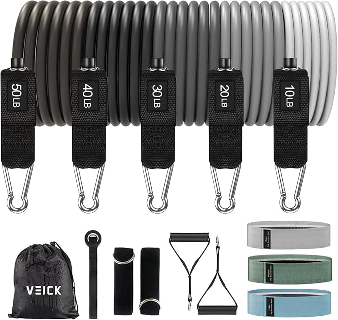 VEICK 10-150LBS Resistance Bands with Handles, Ankle Straps, Door Anchor | Accredited Lab Certified, 100% Natural Latex, Versatile for Yoga, Pilates, Strength, Home Gym