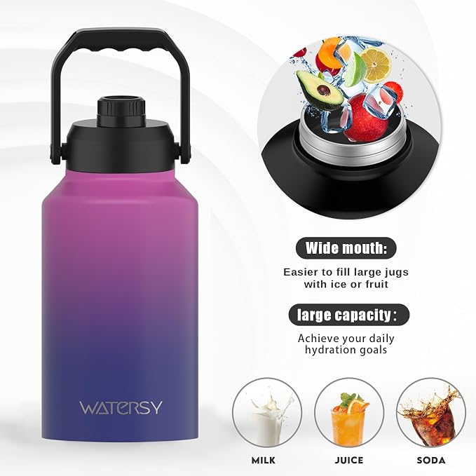 WATERSY 2/3 Gallon Water Bottle Insulated(Cold for 48 Hrs),BPA Free&Leak Proof,87oz Stainless Steel Water Jug/Flask,Big thermo,Large Water Bottle with Handle for Gym,Hiking,Camping,Gradient Purple