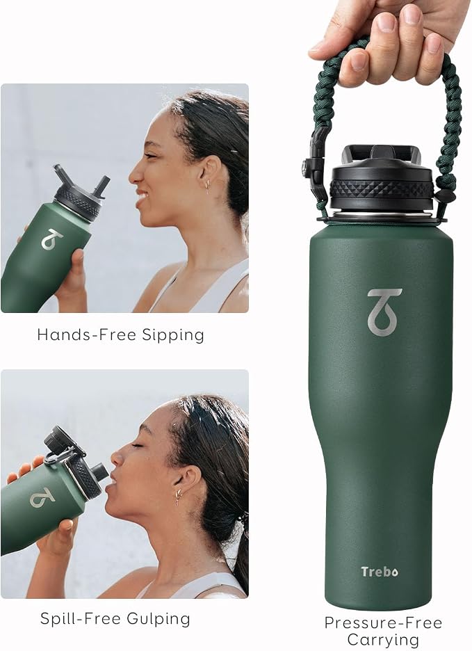 Trebo 40 oz Water Bottle Insulated Fit in Any Car Cup Holder with 2 Lids | Stainless Steel T-shape Tumbler with Paracord Handle, Triple Wall Vacuum Copper Plated, Cold 48 Hrs for Travel, Wide Mouth