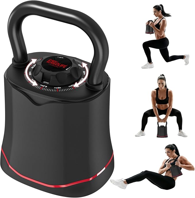 ERGOLIFE 6.5LB-40LB Adjustable Kettlebell Set, 6-in-1 Quick Weight Change, Space-Saving Weight Set for Home Gym Strength Training for Men and Women (Black)