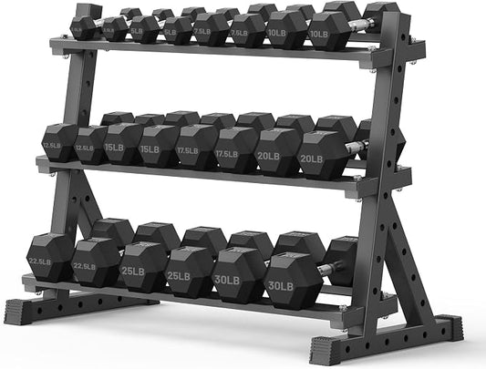 PAPABABE Dumbbell Set with Rack Dumbbells Rubber Encased Home Gym | PAPABABE Complete & Durable Cast Iron Core Odorless PVC Antiroll Hex Shape Ergonomic Chrome Handle Versatile Home Gym