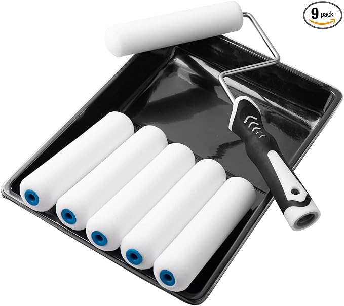 Mister Rui 9 Pack 6 Inch Foam Paint Roller Kit with Tray & Liners | High-Density Foam Rollers with Sturdy Tray & Disposable Liners. Ideal for Walls, Trim, Cabinets and Small Projects