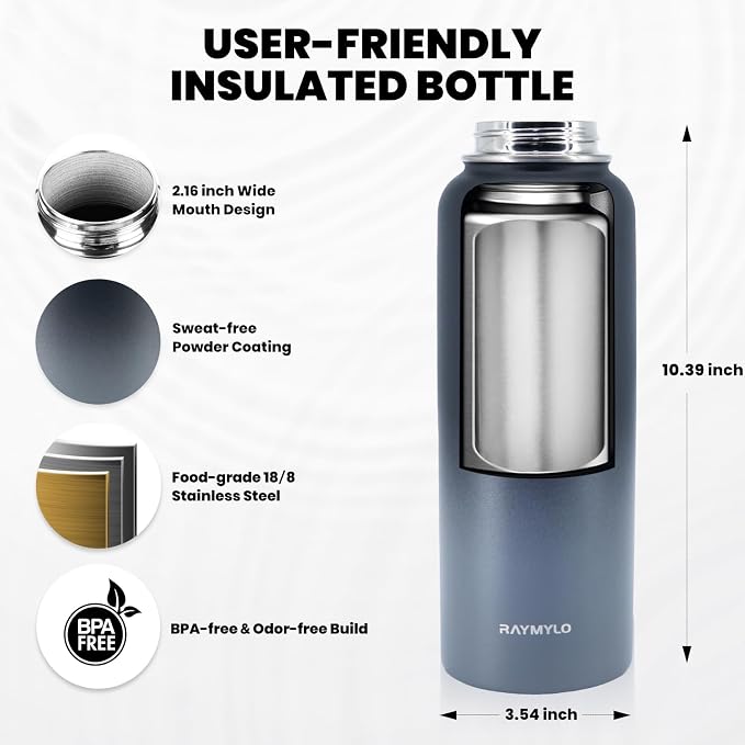 RAYMYLO Insulated Water Bottle 40 oz, Triple Wall Vacuum Stainless Steel | (Cold for 36Hrs, Hot for 18Hrs), Leak Proof & Non-BPA, Modern Water Flask Jug with Paracord Handle & Straw Spout Lids