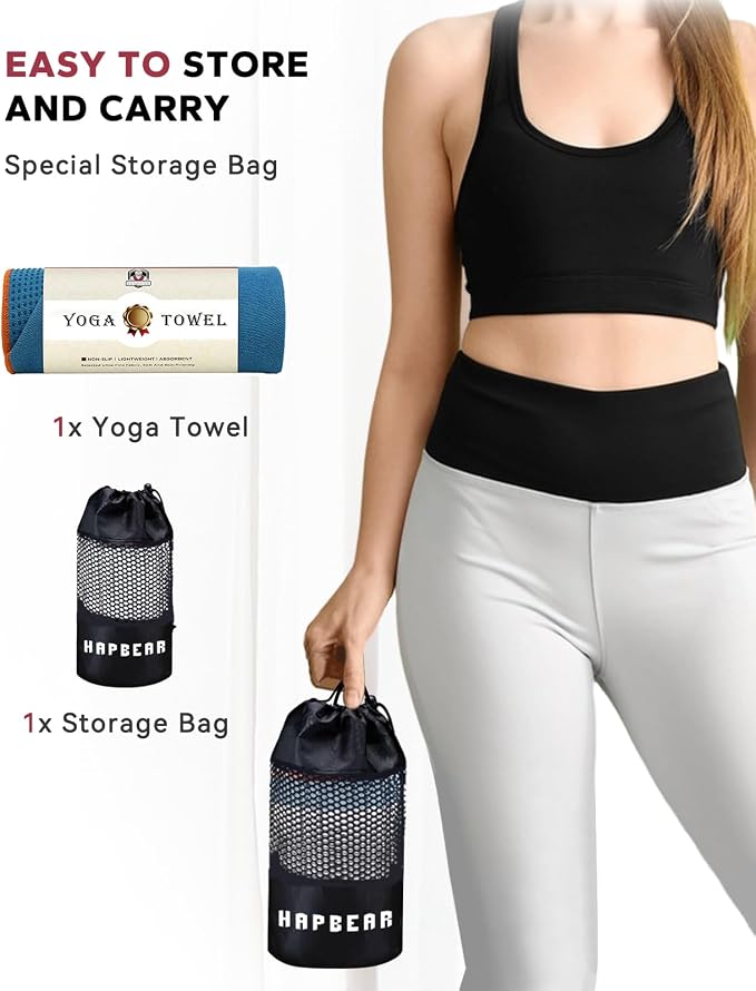 HAPBEAR Non Slip Yoga Mat Towel with Grip Dots, 72" x 24" Hot Yoga Towel - Super Absorbent Microfiber Yoga Towel for Hot Yoga, Bikram, Pilates and Gym Workout - Blue