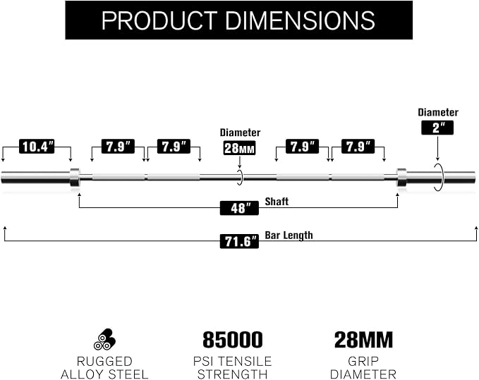 RITFIT Olympic Barbell 4ft/6ft - 2 Inch Weight Bar for Strength Training, Weightlifting, Squat, Deadlift, Bench Press, Curl, Overhead Press - 350lbs/500lbs Capacity