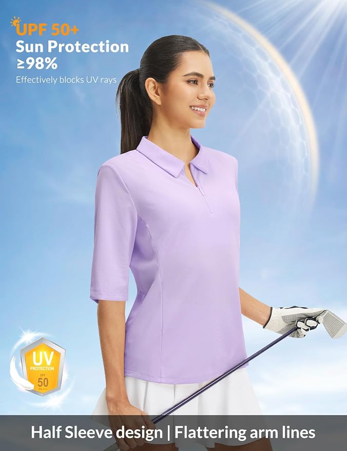 baleaf Womens Golf Shirts Half Sleeve Elbow Length Polo Tops | Stretch, Sun Protection UPF 50+, Quick Dry, Breathable, Moisture Wicking, Quarter Zip V Neck, Ideal for Golf Work Casual