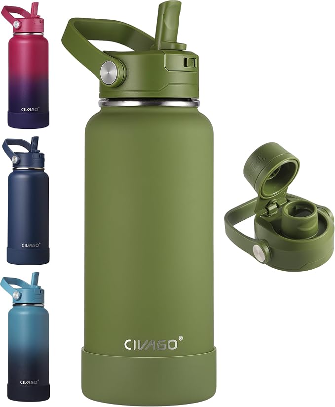 CIVAGO 32 oz Insulated Stainless Steel Water Bottle with Removable Straw | Large Leakproof Metal Water Jug, Sports Thermal Flask Cup with Bucket Handle, Silicone Boot, Dishwasher Safe,Army Green