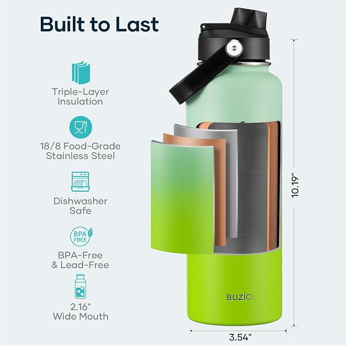 BUZIO Triple Wall Vacuum Water Bottle with Dust-proof Straw & Spout Lids | 40 oz Insulated Stainless Steel Water Flask (Cold for 48 Hrs/Hot for 24 Hrs), Dishwasher Safe, Leakproof, Non-BPA, for Hiking