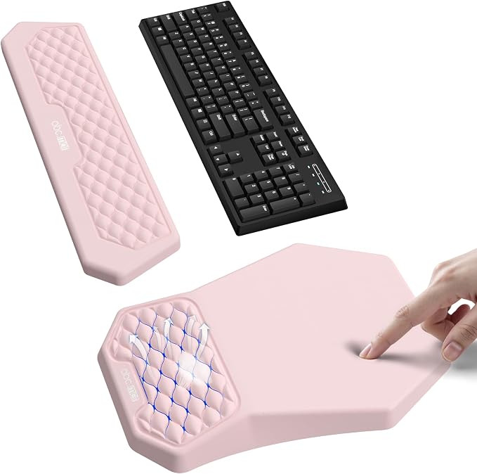 Ergonomic Mouse Pad Wrist Rest and Keyboard Wrist Rest Support Set | Massage Design Mousepad for Carpal Tunnel Pain Relief, Memory Foam, Non-Slip PU Base for Computer Desk, Pink
