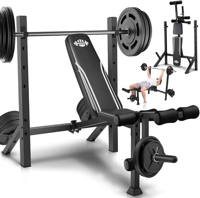 OPPSDECOR 900 LBS Weight Bench Set with Squat Rack, Adjustable Bench Press Set with Leg Extension and Leg Curl, Foldable Flat/Incline/Decline Workout Bench for Home Gym