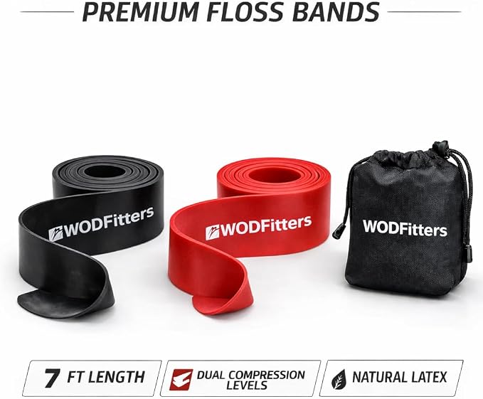 WODFitters Floss Bands for Muscle Compression Tack & Flossing, Mobility & Recovery WODs - Latest Technology - 2 Pack with Carrying Bag
