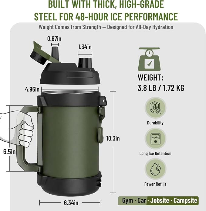 Hydraful 1 Gallon Water Jug, 128 oz Large Insulated Stainless Steel Sports Water Jug, Large Triple Wall Vacuum Insulation Water Bottle-Keeps Cold up to 48 Hrs-Sweat Proof, for Gym, Hiking & Camping