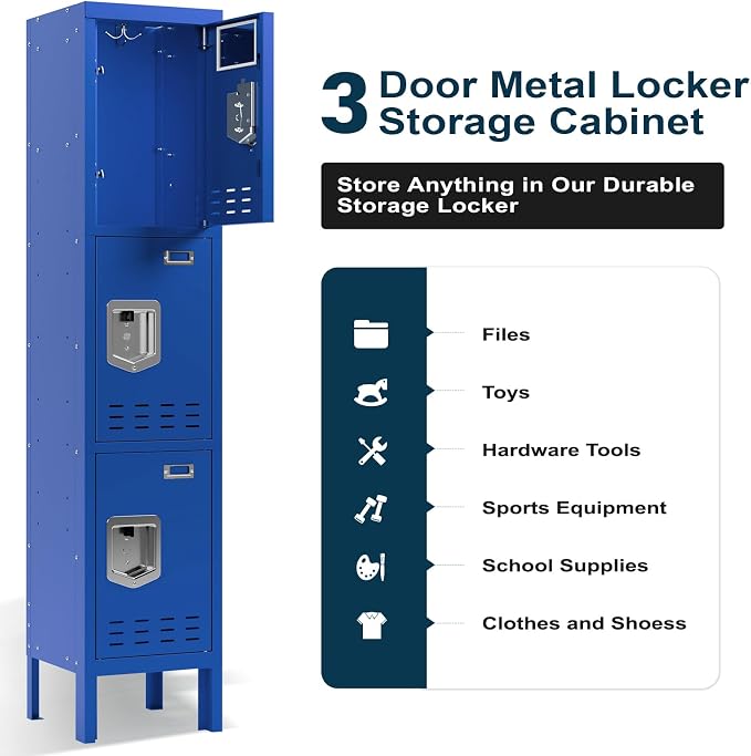BUTISOW 3 Door Employee Metal Locker w/Card Slot for School Gym Office | Ventilated Metal Steel Locker with Mirror & Multi Hooks for Secure Storage