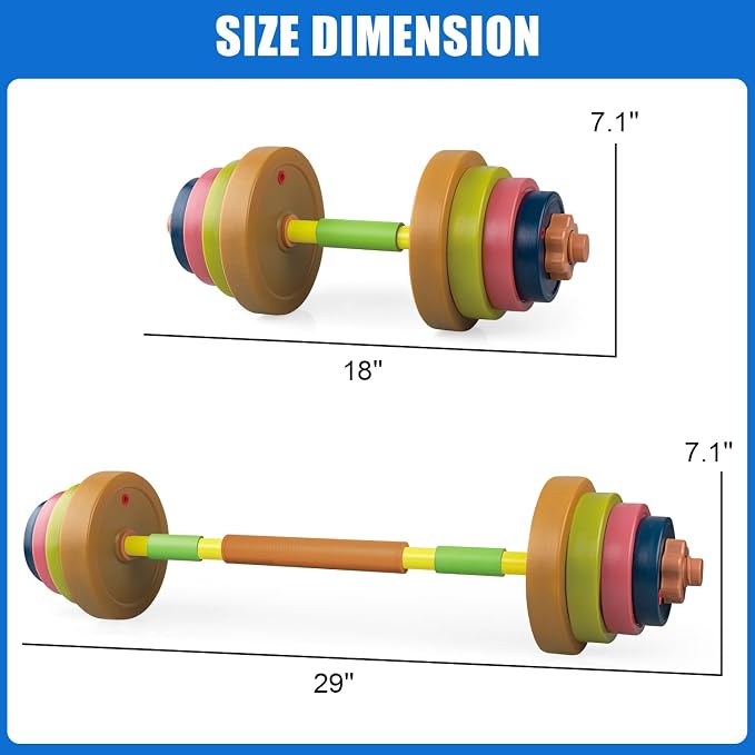 Kids Exercise Weight Set, Barbell and Dumbbell Workout Equipment, Toddler Beginner Gym Toy for Pretend Play Lifting Exercise & Fitness, Adjustable Fill with Sand or Water