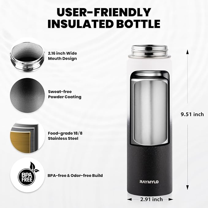 RAYMYLO Insulated Water Bottle 20 oz, Triple Wall Vacuum Stainless Steel | (Cold for 24Hrs, Hot for 12Hrs), Leak Proof & Non-BPA, Modern Water Bottle Jug for School with Straw Spout Lids