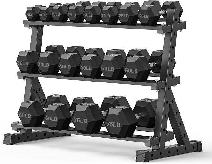 PAPABABE Dumbbell Set with Rack Dumbbells Rubber Encased Home Gym | PAPABABE Complete & Durable Cast Iron Core Odorless PVC Antiroll Hex Shape Ergonomic Chrome Handle Versatile Home Gym