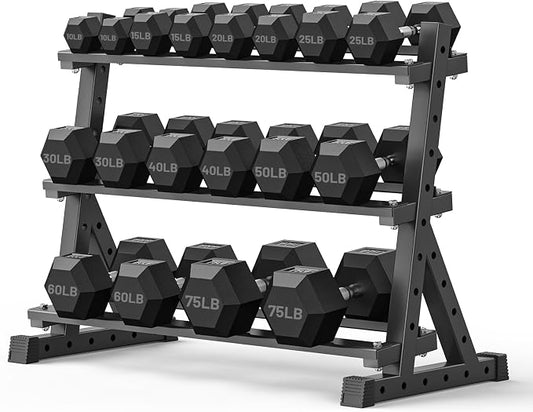 PAPABABE Dumbbell Set with Rack Dumbbells Rubber Encased Home Gym | PAPABABE Complete & Durable Cast Iron Core Odorless PVC Antiroll Hex Shape Ergonomic Chrome Handle Versatile Home Gym