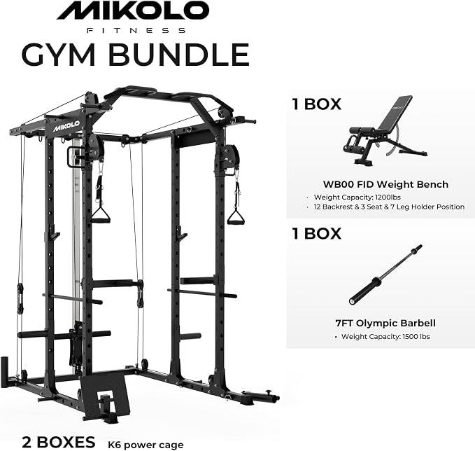 Mikolo Power Cage, Power Rack with Cable Crossover System, 1500LBS Squat Rack with LAT Pull Down System, Workout Cage with Pulley System for Fitness Home Gym