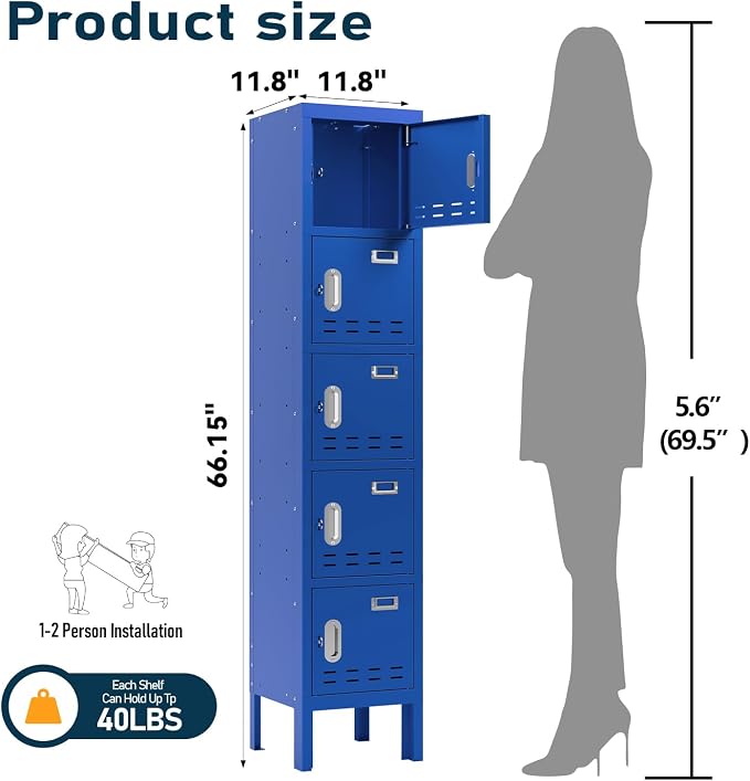 BUTISOW Metal Storage Locker with Lock & Card Slot Locker - Secure Lockable Door - Steel Locker for School, Office, Gym, Home - 66.15" H x 11.8" W x 11.8" D（5 Door, Blue）