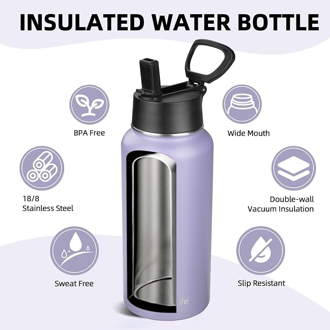 Insulated Water Bottle With Straw,32 oz Vacuum Insulated Stainless Steel Sports Water Flask,Keeps Cold and Hot,Metal Water Bottle Wide Mouth for Gym Travel Camping (Pale purple)