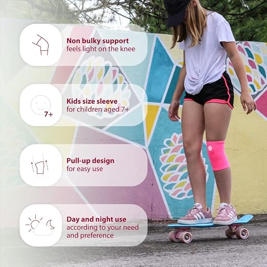 KARM Kids Knee Brace Sleeve - Youth Knee Compression Sleeve for Kids, Child - Support for Pain, Sports, Football, Basketball, Gymnastics, Recovery, Boys & Girls (Neon Pink)