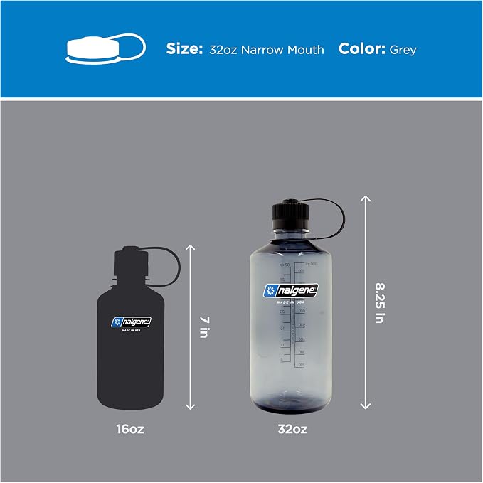 Nalgene 32 oz Narrow Mouth Water Bottle, Grey | BPA-Free, Durable & Lightweight, Leak Proof, Dishwasher Safe, Large Reusable Plastic Bottle for Hiking, Gym, Work & Travel