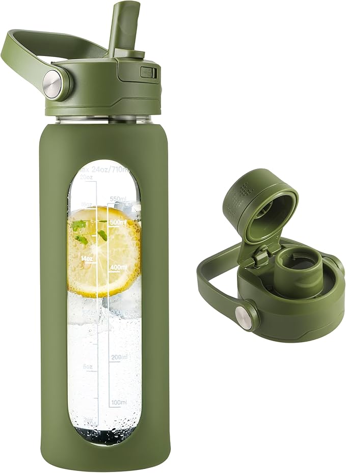 CIVAGO 24 oz Glass Water Bottle with Detachable Straw and Time Maker | Motivational Large Flask Cup with Handle, Leakproof Lids, Wide Mouth, Silicone Sleeve, Tumbler for Juice, Army Green