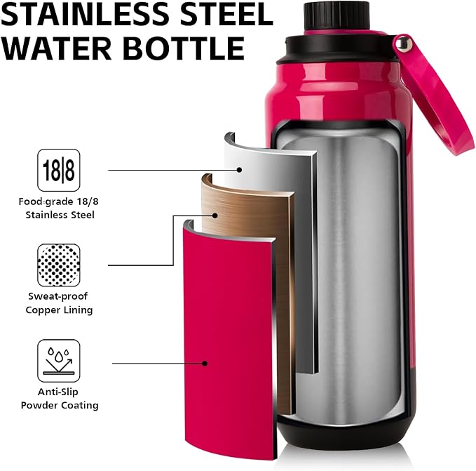 GREYLOCK 32 oz Insulated Water Bottle with Straw Lid, Leakproof Reusable Stainless Steel Vacuum Flask, 24hr Cold & Hot, Carry Handle & Silicone Spout, BPA-Free for Gym, Hiking, Travel, Red