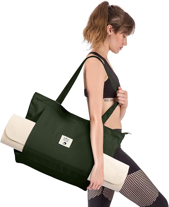 WLLWOO Yoga Mat Carrier Bag for Women Canvas Carryall Tote Gym Pilates | Large Holder Zipper Shoulder for Beach Travel Workout Fitness Office